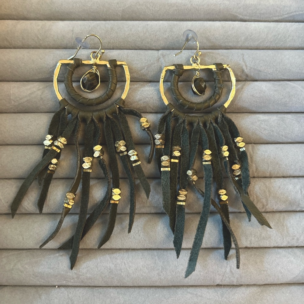 Boho fringe grey and gold earrings